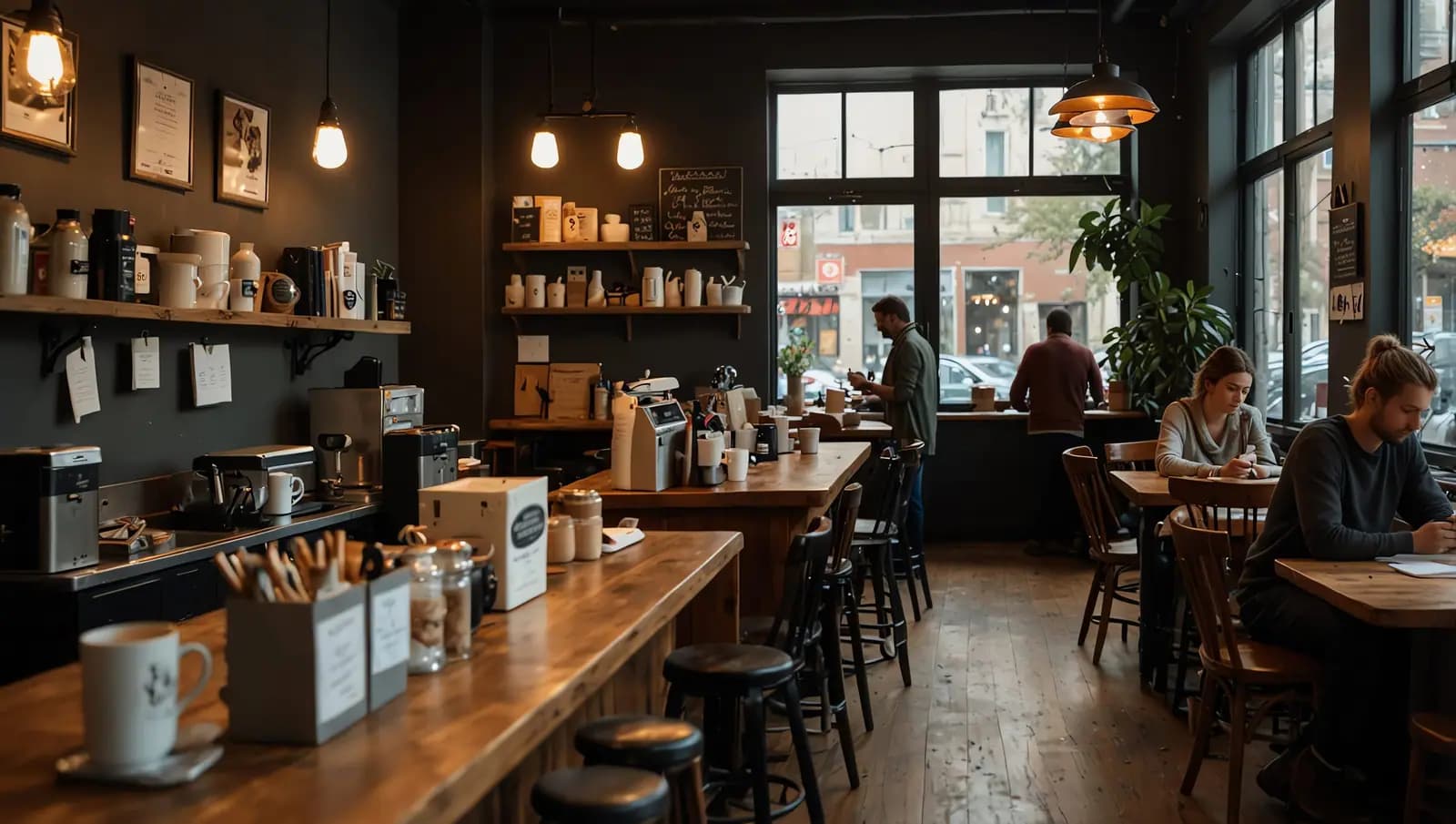 National coffee chain interior with customers and barista at the counter