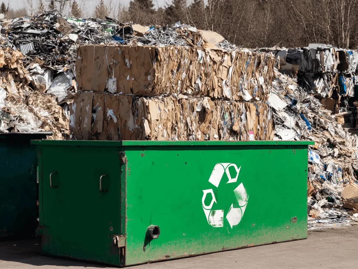 Green commercial recycling dumpster beside baled cardboard at a recovery facility