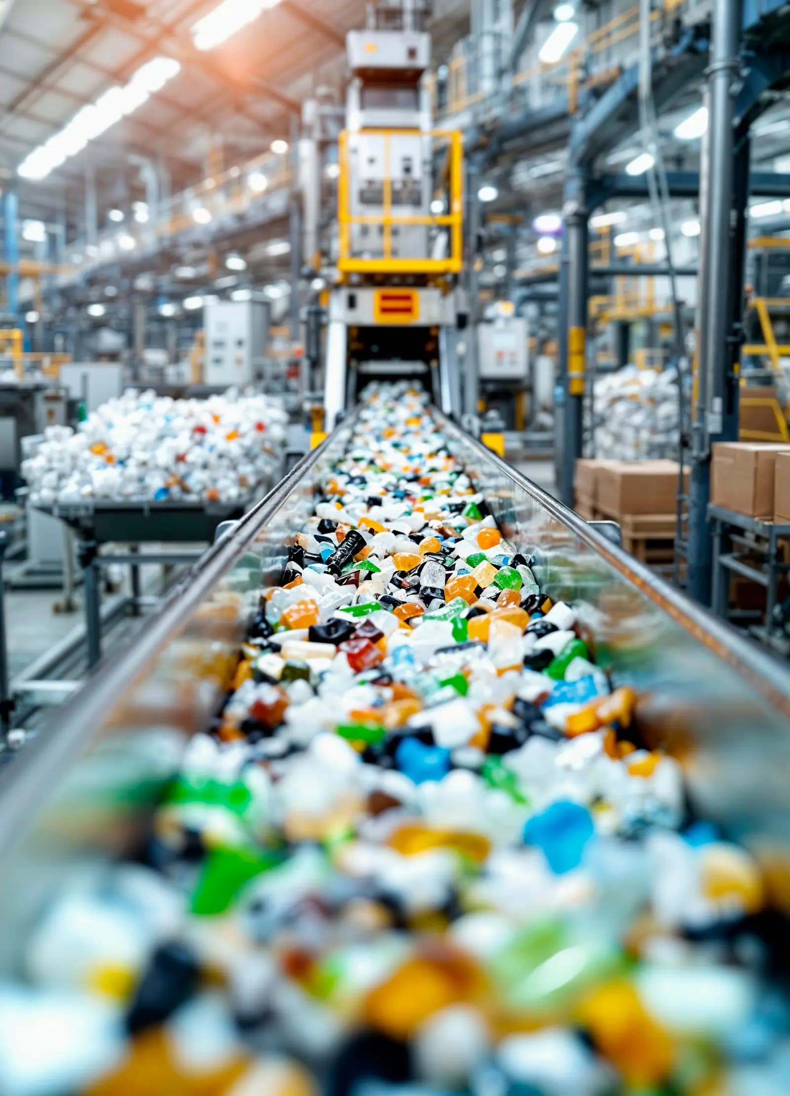 Sorted recyclable materials moving along a conveyor inside a processing facility