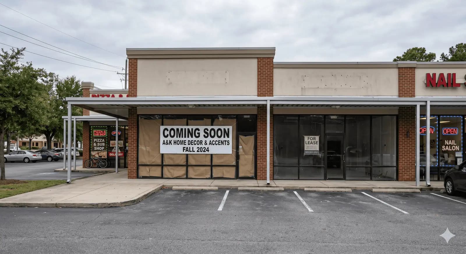 Vacant retail storefront with Coming Soon and For Lease signs