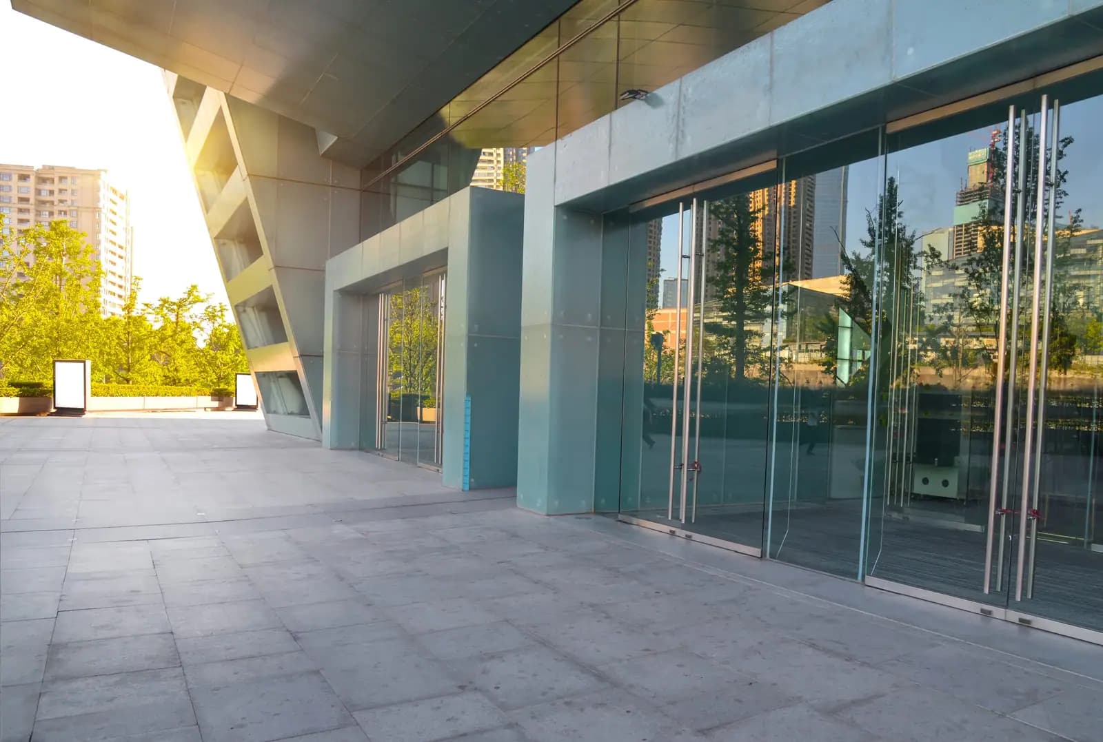 Modern commercial building exterior with glass facade