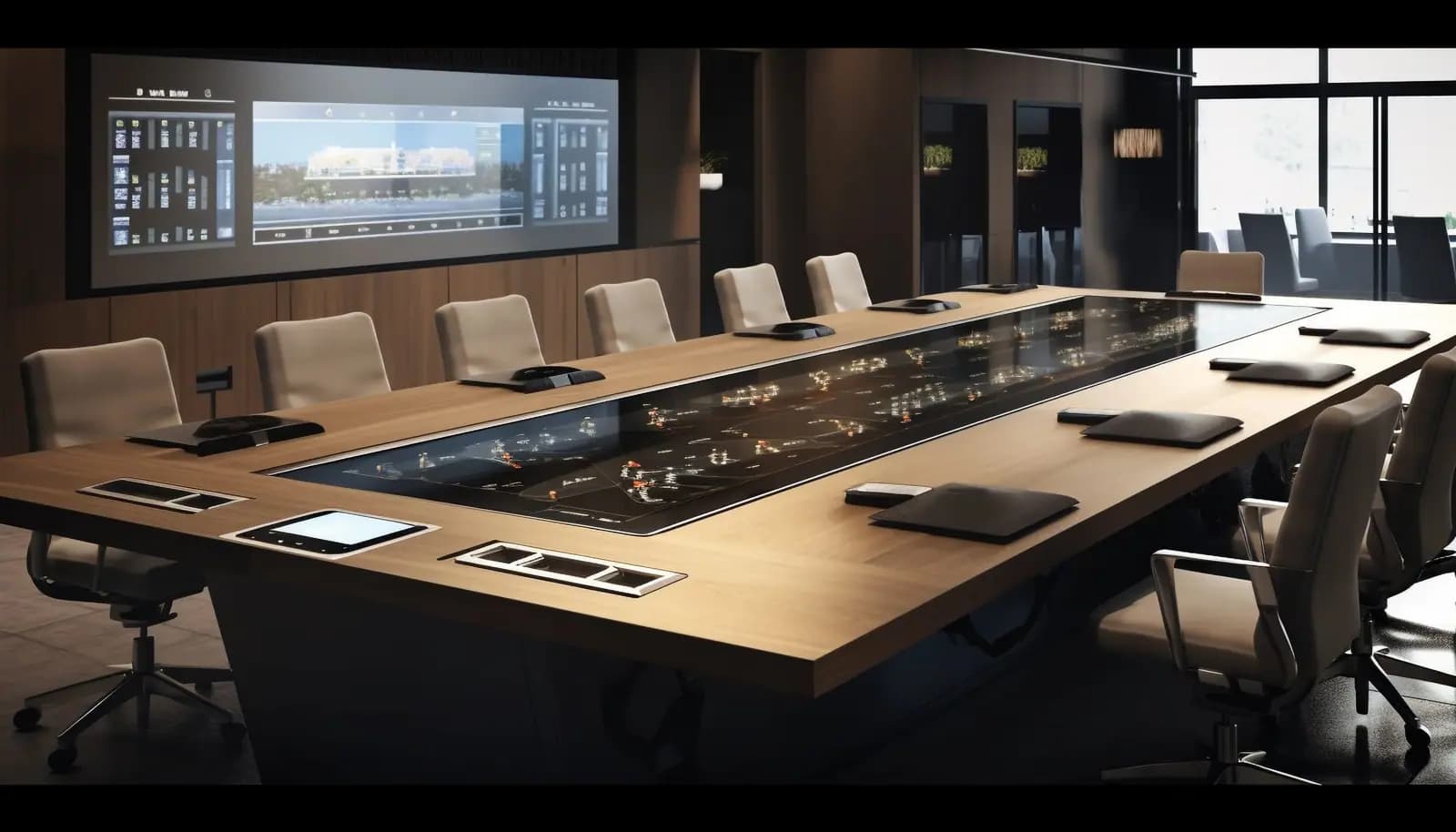 Modern conference room with interactive table for executive planning sessions