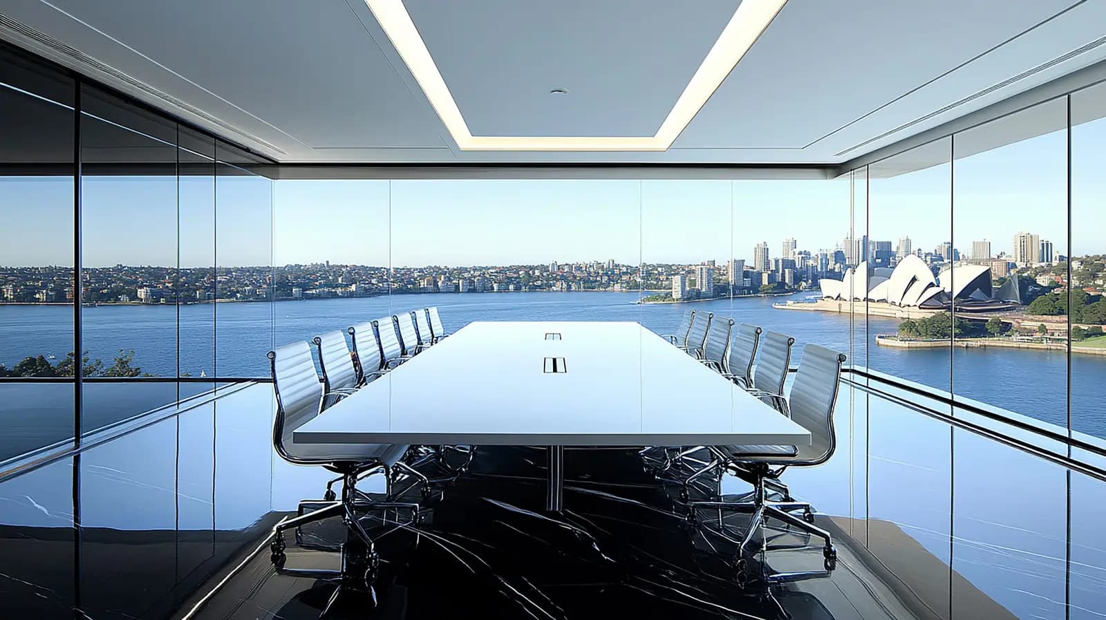 Boardroom overlooking a waterfront city skyline