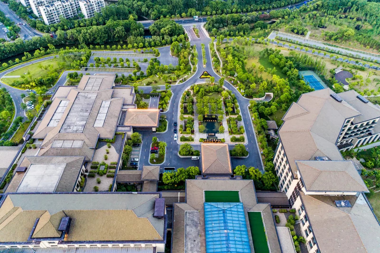 Aerial view of a master-planned commercial campus surrounded by green space